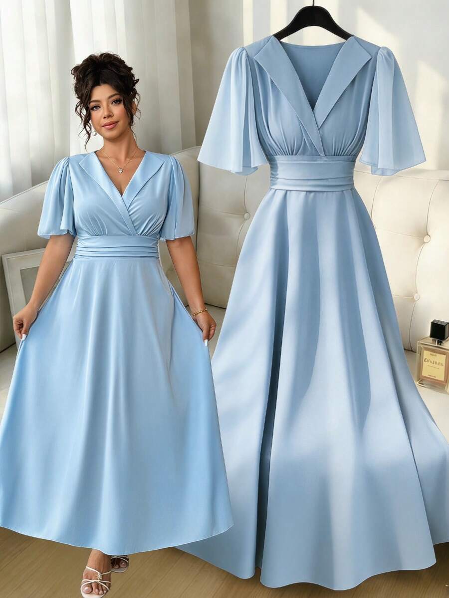 Elenzga Plus Size V-ringad lång midjebandsklänning med utsvängda kortärmade ärmar - Blå - Visa 1
