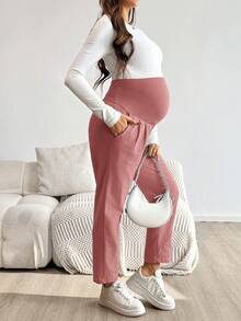 SHEIN Pantalones casuales de maternidad con textura, versátiles y ajustables en la cintura - Óxido marrón - Ver 4