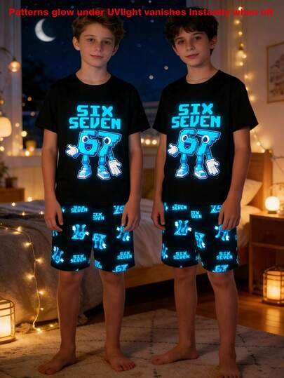 1 Set Teen Boys Pajamas, Fashion Glow-In-The-Dark Numeric 67 Print Pattern Short Sleeve & Shorts, Solid Color Minimalist Regular Fit Tight Sleepwear Outfit (Requires UV Light Exposure To Glow)