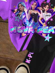 2pcs/Set Young Girl Casual Cartoon Girl Portrait,Purple & Black Patchwork,K-Pop Superstars Group Print,Short Sleeve T-Shirt And Shorts Set,Summer - Multicolor - View 7