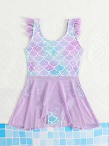 SHEIN Playful Pals 女童鱼鳞印花连体泳衣，网纱荷叶边下摆，简约时尚，速干舒适针织面料，适合游泳池、海滩、冲浪、度假、夏季旅行，随机印花 - 薄荷綠 - 查看 3