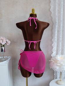 Swim SXY New Fashion 3pcs/Set 3D Orchid Halter Bikini Top, Tie-Up Triangle Bottoms, Ruffle Mesh Mini Skirt Swimwear Set (Flower Pattern Random) - Hot Pink - View 3