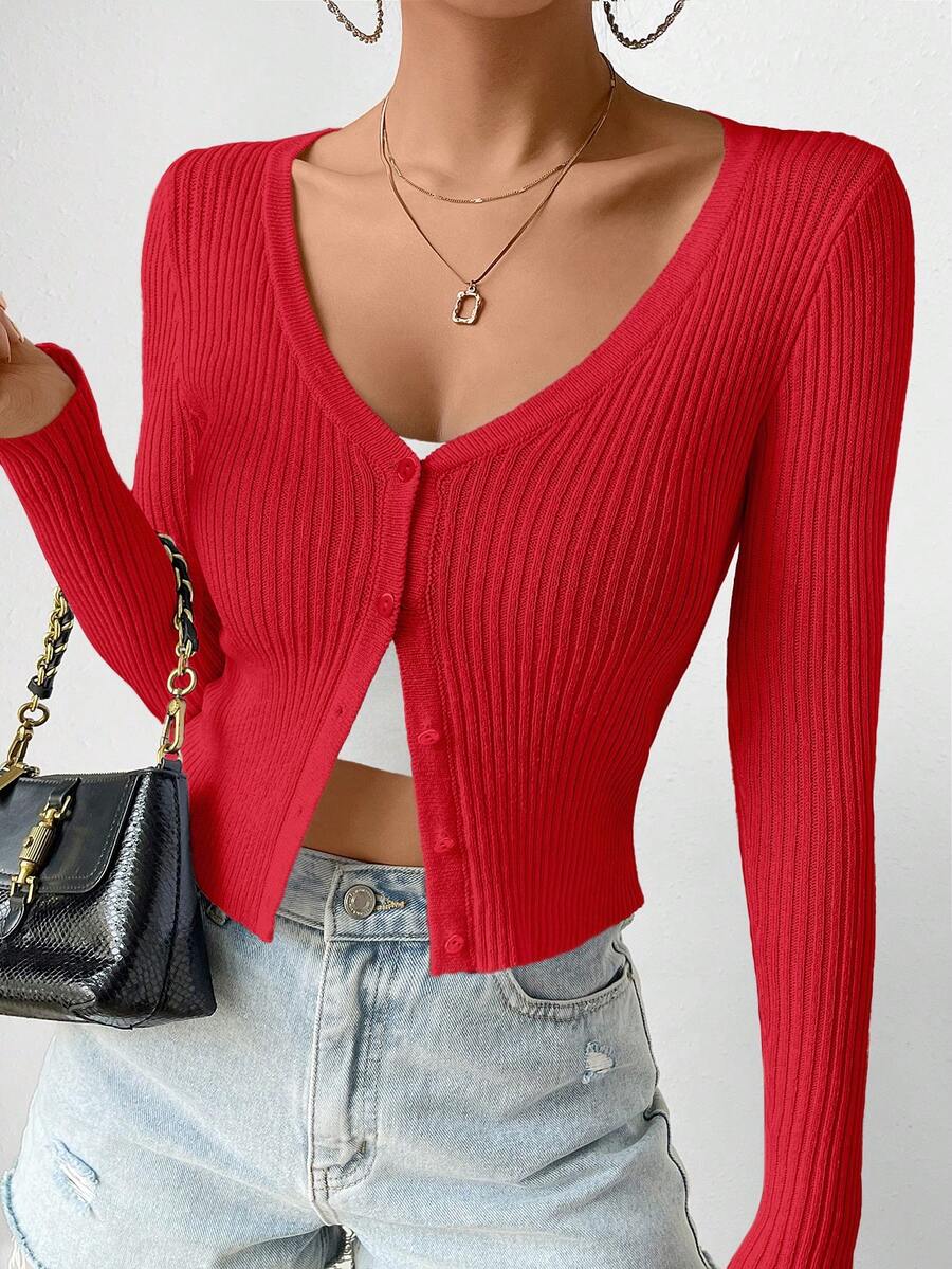 EMERY ROSE Women's Fitted Solid Color Round Neck Long Sleeve Button-Front Ribbed Knit Cardigan - Red - View 1
