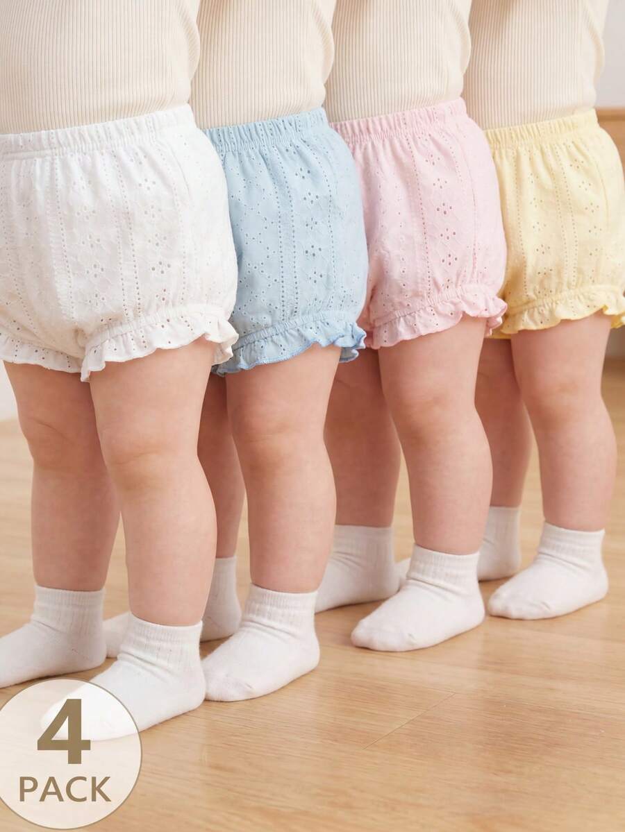 SHEIN Playful Pals 3件組女嬰夏季柔色短褲套裝 米色白色粉色 極簡風格 寬鬆版型 戶外舒適 白色與藍色可愛度假風
