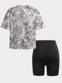 SHEIN 2 Stücke/Set Tween Mädchen Sommer Quetschbar Vintage Trockenes Blatt Muster Strick T-Shirt + Leggings Set, Lässige Alltags Mode vielseitiger Outfit für Ausflüge, Reisen, Camping, Fotoshootings, Passende Familienoptik - Grün - Übersicht 2