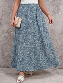 Reflora Plus Size Summer Pink Densely Printed Flared Comfortable Skirt - Blue - View 4