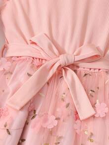 Mädchen elegantes vielseitiges rosa Kurzarmkleid, mit Rüschenärmeln, Polka Dot Applikation Tüllrock für zusätzliche Süße und Niedlichkeit, taillenbetonter Gürtel für Taillierung, geeignet für Aufführungen, Partys, Unterhaltung und andere Anlässe - Pink - Übersicht 6