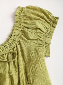 Sweetra Women's Summer Solid Color Cinched Waist Ruffle Hem Short Sleeve Blouse - Green - View 3