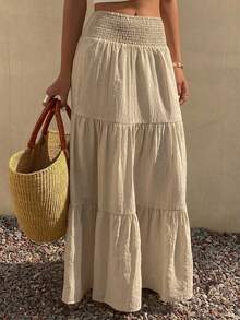 DAZY Solid Color Elastic Waist Flared Skirt For Women, Vacation Summer - Khaki - View 6