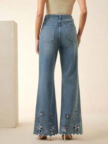 Anewsta Jeans azules con detalles elegantes de bordado y corte calado, con bolsillos, para mujer - Azul - Ver 4