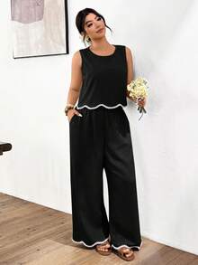 SHEIN Frenchy 大码女装夏季休闲度假日常通勤撞色滚边无袖上衣和阔腿裤两件套 - 黑色 - 查看 4