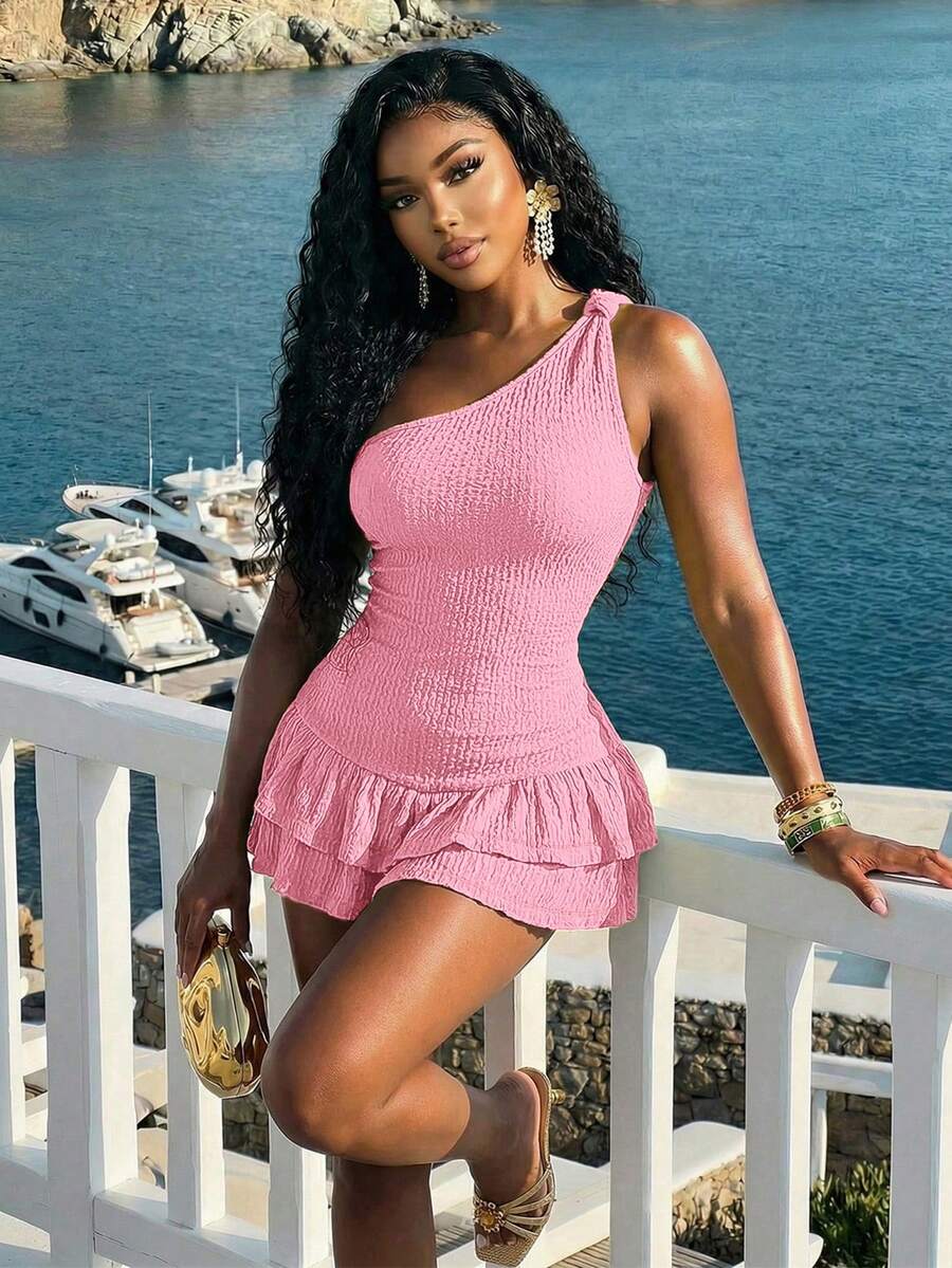Slaydiva Women Soft Pink Summer Casual One-Shoulder Knotted Multi-Layer Ruffle Jumpsuit,Slim Fit Textured Beach Holiday Vacation Resort Fashion Outfits - Pink - View 1