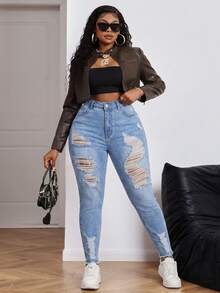 Slaydiva Blue Plus Size Jeans Casual Skinny Stretch Ripped Tights - Light Wash - View 3