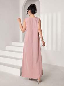 Al Najma Đầm xòe không tay cổ tròn họa tiết hoa 3D thanh lịch, thích hợp cho mùa xuân/hè. - Bụi hồng - Xem 2