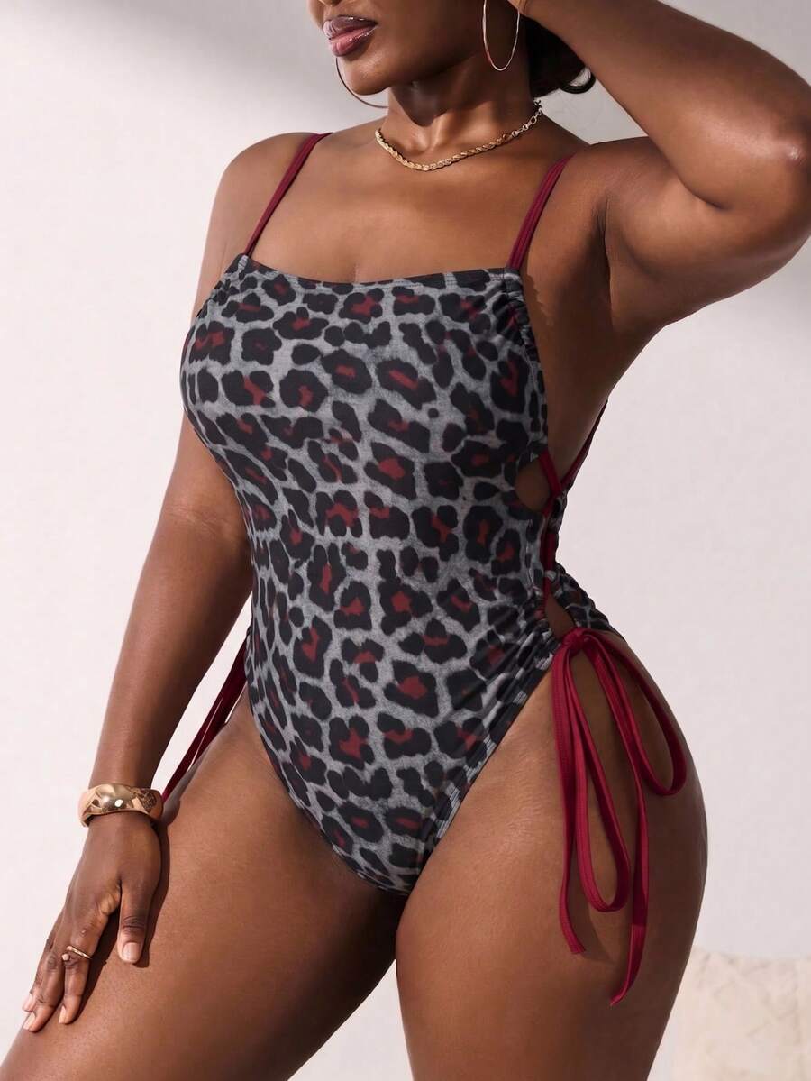 Slaydiva Plus Size Women's Leopard Print Fitted Sexy One-Piece Swimsuit Beach Summer - Rusty Rose - View 1