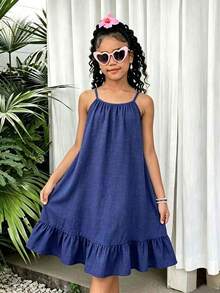 SHEIN Đầm bé gái màu xanh dương hai dây, viền bèo nhún, kiểu dáng thường ngày, thích hợp cho kỳ nghỉ xuân/hè. - Màu xanh lam - Xem 1