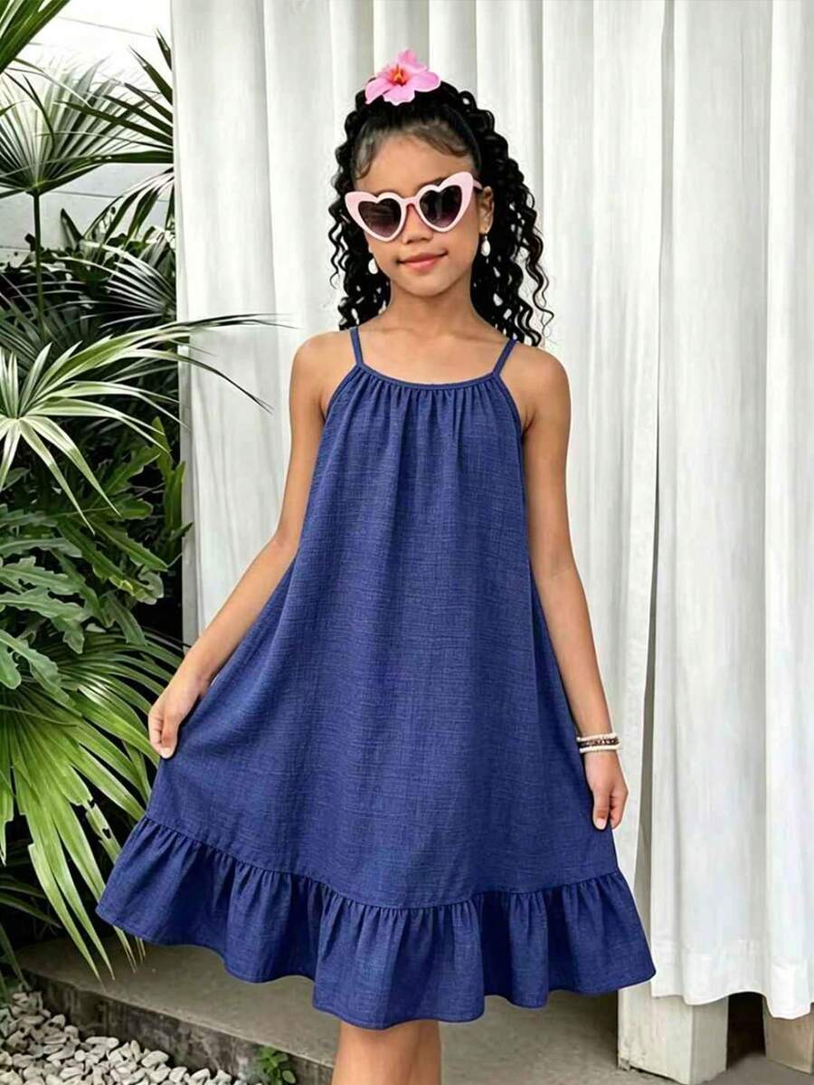 SHEIN Đầm bé gái màu xanh dương hai dây, viền bèo nhún, kiểu dáng thường ngày, thích hợp cho kỳ nghỉ xuân/hè. - Màu xanh lam - Xem 1