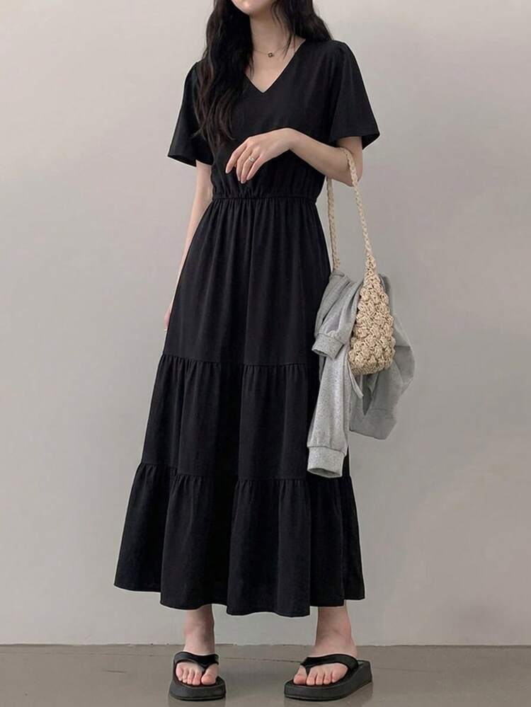 Women's Solid Color V-Neck Short Sleeve Casual Dress Sun Dresses For Women