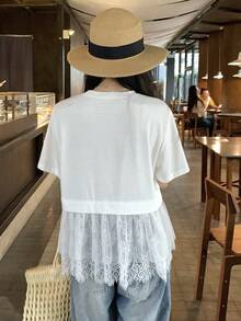 Blusa de verano casual de mujer de unicolor, cuello redondo ajustado, manga corta con aplicación de encaje - Blanco 5 - Ver 3