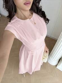 Modelyn 女士纯色圆领褶皱优雅长袖连衣裙 - 淺粉色 - 查看 4