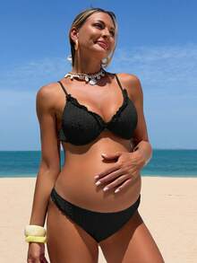 Conjunto de Traje de Baño de Maternidad con Tela Texturizada Floral Amarilla para Vacaciones de Verano en la Playa 26SS - Negro - Ver 8