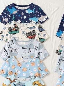 [6 Stücke zufällige Auswahl] Jungen Pyjama Set, Frühling/Sommer Neuankömmling, modische & beliebte Muster: Skateboard Schuhe, Banane, Dinosaurier, Wal, Faultier, Auto, Keks & Milch, Buchstabenkombination, eng anliegendes Strickgewebe Kurzarm Shorts 4 Stücke Homewear Outfit (2 Stücke zufällig versendet) - Verschiedenfarbig - Übersicht 3