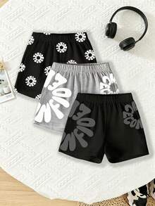 Bộ 3 quần short thể thao thoải mái, đa năng dành cho bé trai, với họa tiết hình tròn ngộ nghĩnh và thiết kế khẩu hiệu tiếng Anh tối giản, phù hợp cho mùa xuân/hè, mặc thường ngày, đi học, hoạt động ngoài trời, làm quà tặng. - Nhiều màu - Xem 1