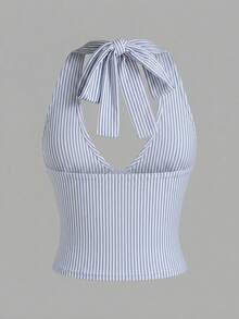 SHEIN 休闲简约百搭蓝白条纹沙滩/度假装，女士夏季服饰，吊带系带背心 - 彩色 - 查看 2