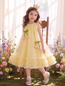 SHEIN Vintaside Kids 夏季女童杏色无袖网纱连衣裙，饰有郁金香图案，适合日常穿着 - 黃色 - 查看 5