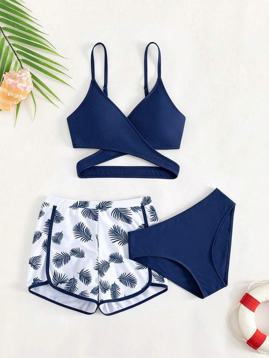 SHEIN Teen Girl Tropical Plant Print Swimwear Set With Shorts, Summer Beach Vacation - Navy Blue - View 1