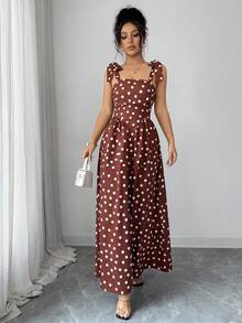 Rafferiza Đầm nữ thời trang thanh lịch, kiểu dáng dây mảnh, thắt nơ, xẻ tà, họa tiết chấm bi, thích hợp cho kỳ nghỉ, đi làm hoặc dạo phố. - màu nâu - Xem 6