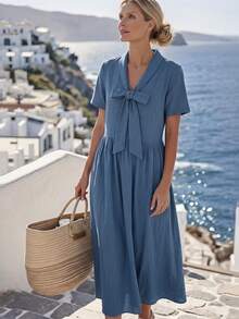 Faunlyn Women's Solid Color Bow Decor Short Sleeve Elegant Dress - Blue - View 5