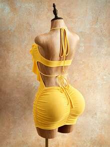 Mistrie Women's Short Hollow Tie Ruffle Hem Dress - Yellow - View 6