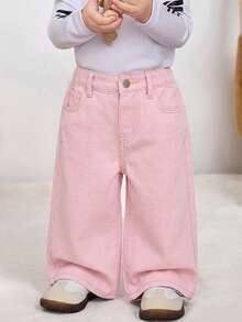 SHEIN Quần jeans ống rộng dáng suông có túi cho bé gái - Hồng - Xem 4