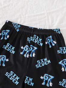 夏季青少年男童时尚“SIX SEVEN”卡通印花睡衣套装，Polo领开衫配白色滚边，短袖上衣+宽松短裤两件套，柔软透气面料，适合男童日常休闲居家穿着，宽松舒适的家居服，适合大龄儿童 - 黑色 - 查看 8
