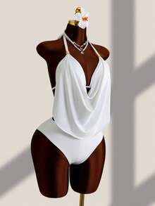 Swim Lushoire Summer Beach Draped Tankini Black Swimwear - White - View 6