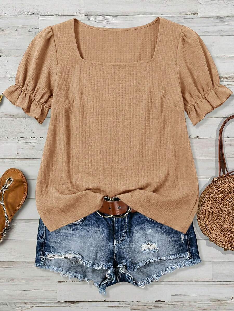 SHEIN VCAY Áo sơ mi tay ngắn cổ vuông màu trơn cỡ lớn, kiểu dáng thường ngày, đa năng, thích hợp cho mùa hè. - Màu Khaki - Xem 1