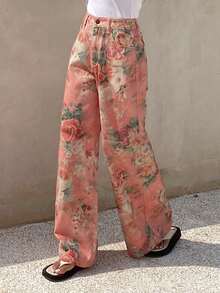 DAZY Women's Casual Floral Print Loose Wide-Leg Jeans - Pink - View 5