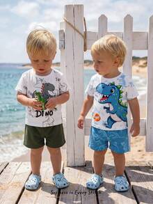 Cozy Pixies 4pcs Baby Boy Cartoon Animal Print Soft Knit Crew Neck Short Sleeve Top And Elastic Waist Shorts Set - Blue - View 8