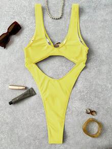 Costavie Solid Color Thick Strap Hollow Front Fashionable Unique Ornament Sexy Vacation One-Piece Swimsuit - Yellow - View 2