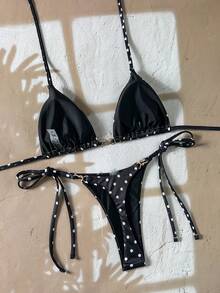 Swim Vcay 2pcs/Set Women's Beach Summer Outfits, Leopard Print Random Pattern Gold Accessories Halter Top And Side Tie Bikini Swimsuit Set - Multicolor - View 2