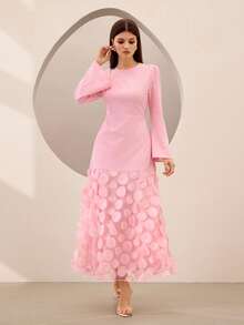 Graceveil Elegantes langes Kleid mit floraler Stickerei und Rückenausschnitt mit Schleife, geeignet für formelle Anlässe, Partys und Veranstaltungen - Pink - Übersicht 4