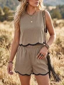 Easowa Conjunto informal de 2 piezas de mujer con top sin mangas con volantes y bordado floral en unicolor y shorts, adecuado para vacaciones de verano y uso diario - Marrón Mocha - Ver 9