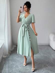 Balvessa Đầm nữ dáng suông thắt eo, kiểu dáng thường ngày, thích hợp đi nghỉ mát hoặc đi làm, màu xanh lá cây nhạt, bộ sưu tập Xuân/Hè 2026. - màu xanh lá - Xem 4