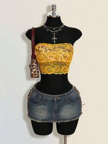 SHEIN ICON Áo croptop ren màu vàng dành cho nữ, phong cách Y2K, thích hợp cho lễ hội, tiệc tùng, đi biển, đám cưới, lễ tốt nghiệp, dạ hội, đi chơi, câu lạc bộ. - Nhiều màu - Xem 8