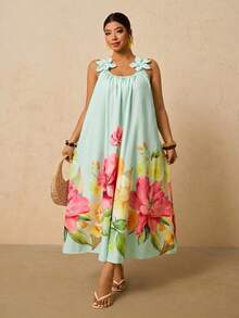 Travachic Plus Size Women Floral Decor Ruched Casual Party Dress - Mint Green - View 6