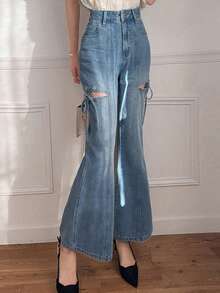 Dazy Tall Quần jeans ống loe nữ khoét lỗ, buộc dây, kiểu dáng thường ngày. - Rửa trung bình - Xem 4