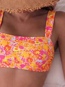 Swim Mod Conjunto de bikini de 2 piezas con parte superior de tirantes y shorts de cintura alta con estampado de color aleatorio para mujer, ideal para vacaciones en la playa - Multicolor - Ver 4