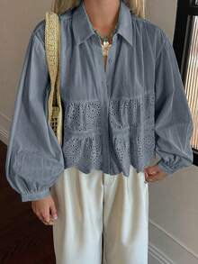 DAZY Women's Embroidered Textured Fabric Lantern Sleeve Collared Short Casual Summer Top Vacation Outfits Women - Blue - View 4