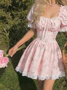 SHEIN MOD Pink Floral Lace Ruffle Petal Sleeve Mini Dress - Pink - View 3
